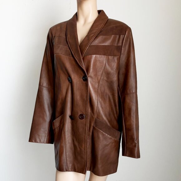 VIVA Brown Leather Jacket Made in Finland Size 44 Retro 80s Double Breasted - Picture 5 of 8